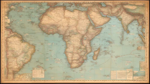 Vintage World Map Highlighting Africa, Indian Ocean, and South America