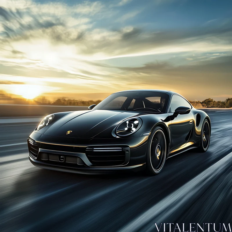 High-Speed Black Sports Car at Dusk AI Image