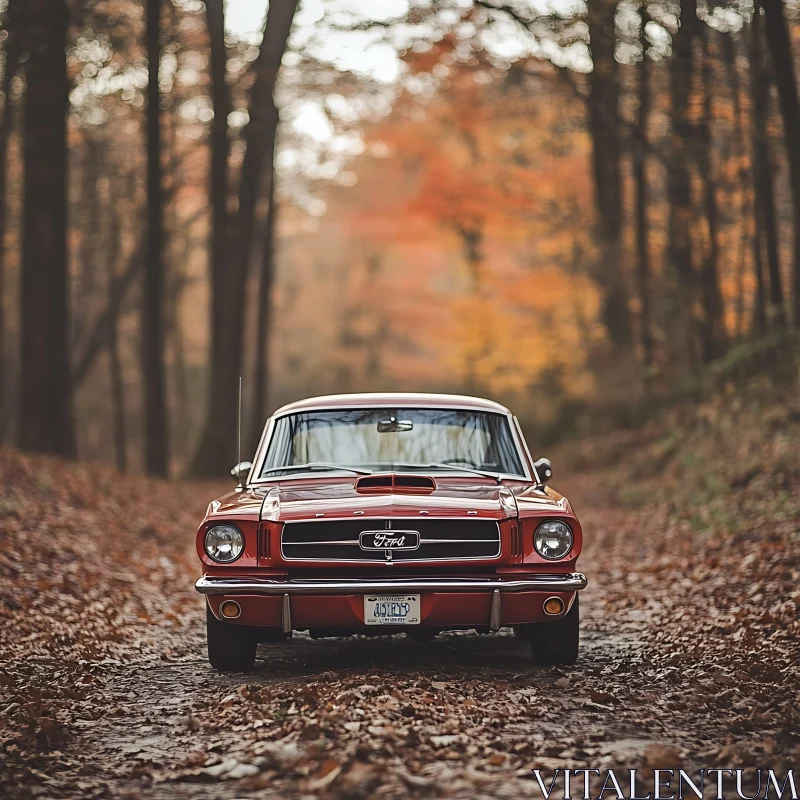 Vintage Red Ford Mustang on Leafy Path AI Image