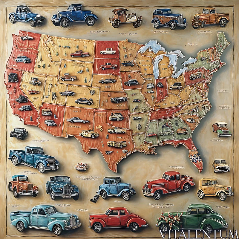 Vintage Cars Represented on USA Map AI Image