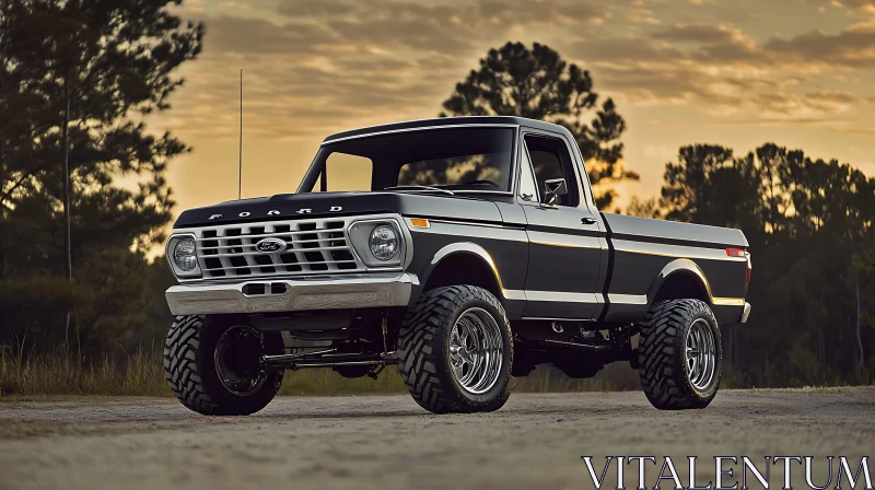 Classic Black and White Pickup Truck in Rural Landscape AI Image