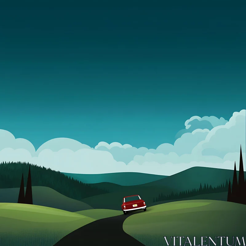 Peaceful Hills and Road with Red Car AI Image