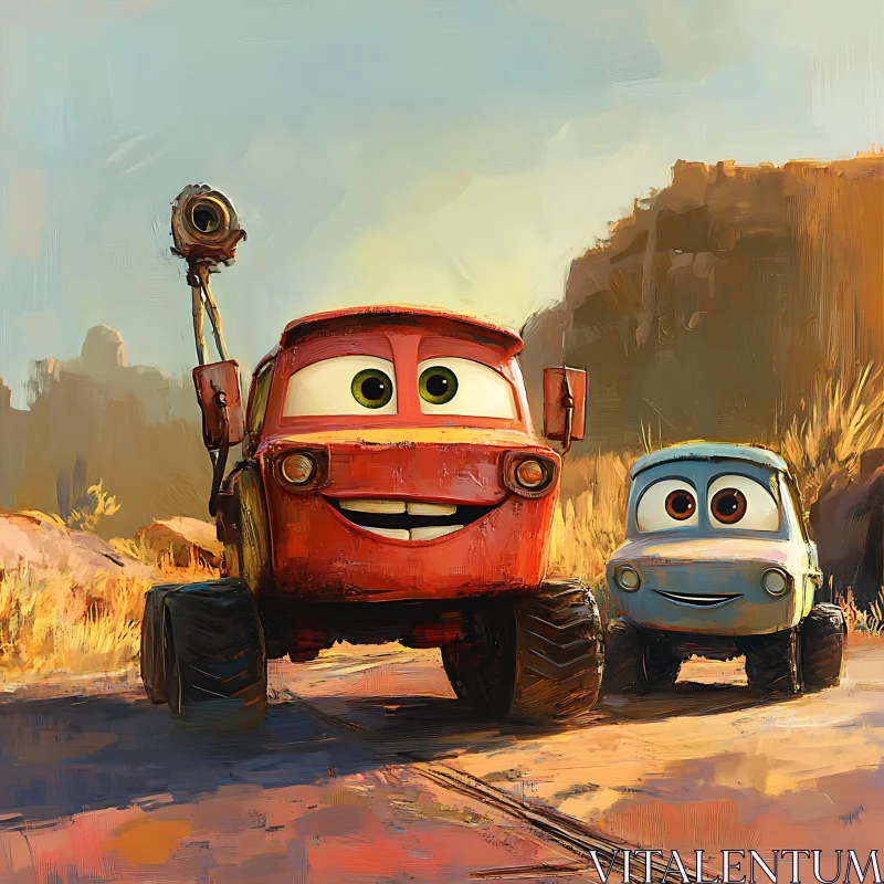 Smiling Animated Cars in Desert Scene AI Image