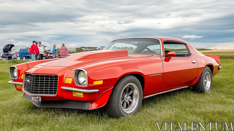 Classic Red Automotive Beauty in Open Field AI Image