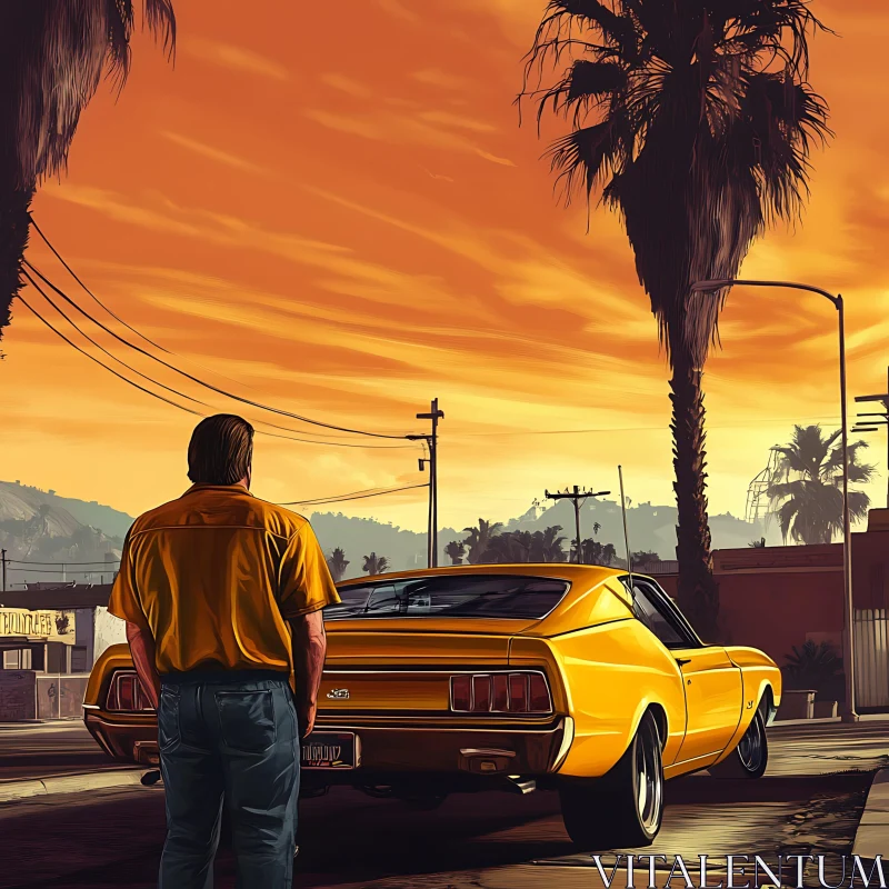 Nostalgic Scene with Yellow Muscle Car AI Image