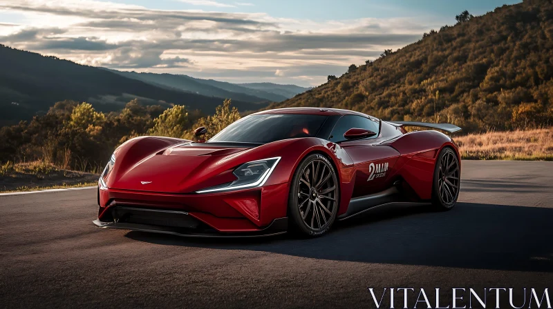 Sleek Red Supercar with Scenic Hills AI Image