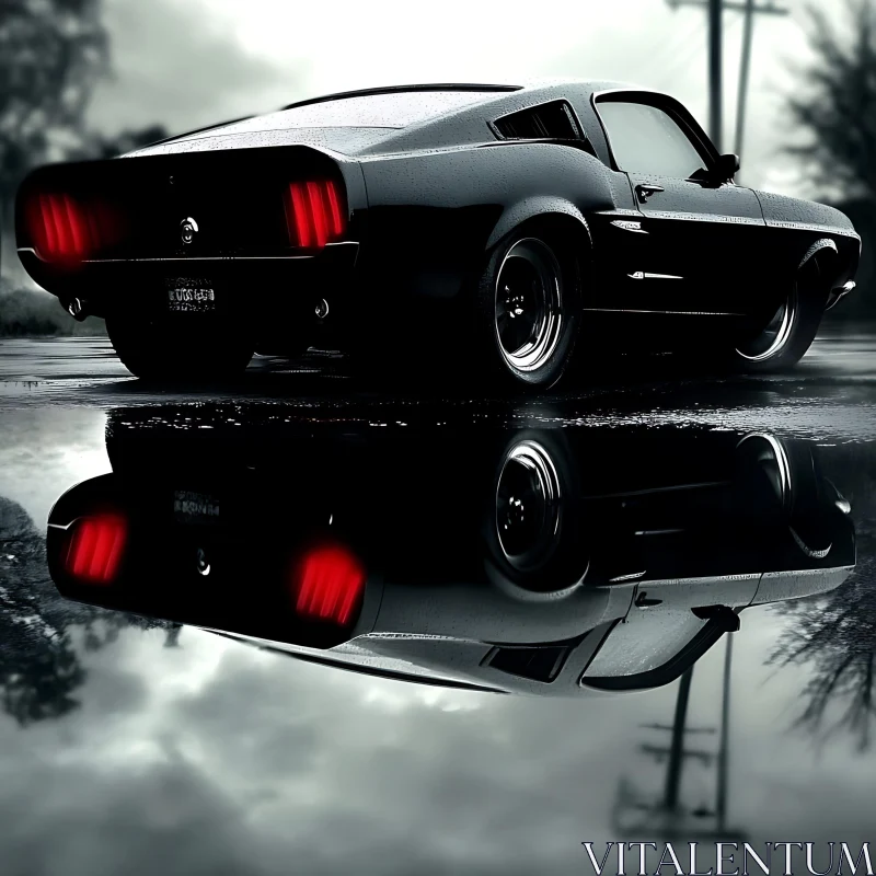 Vintage Car Reflection on Wet Road AI Image