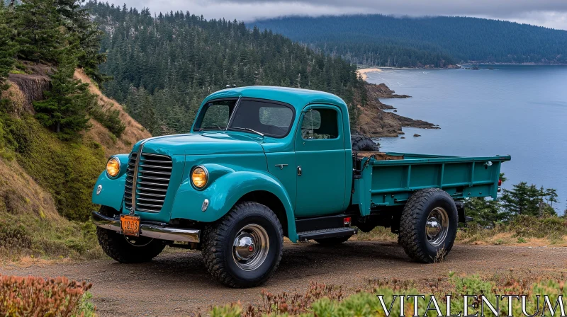 Classic Green Truck with Ocean View AI Image