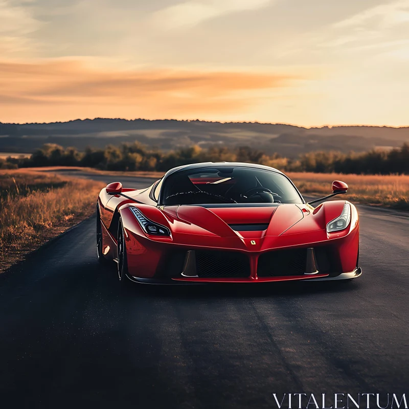 Luxury Red Sports Car on Open Road at Sunset AI Image