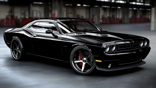 Classic Black Muscle Car in Garage Setting