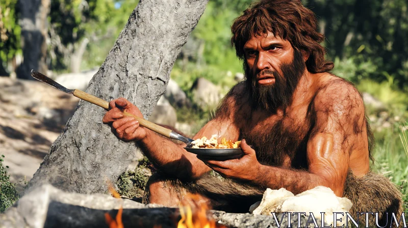 Ancient Caveman by the Campfire AI Image