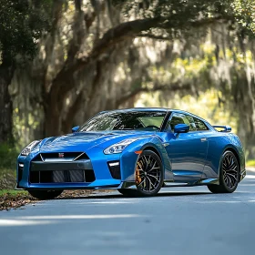 Blue Luxury Sports Car in Scenic Nature Setting