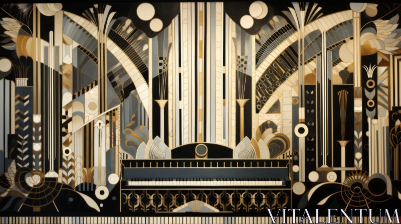 AI ART Art Deco Piano in Gold and Black - A Mural-like Quantumpunk Installation