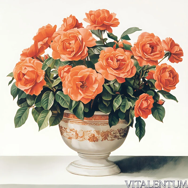 AI ART Vibrant Orange Roses in Decorated Ceramic Pot