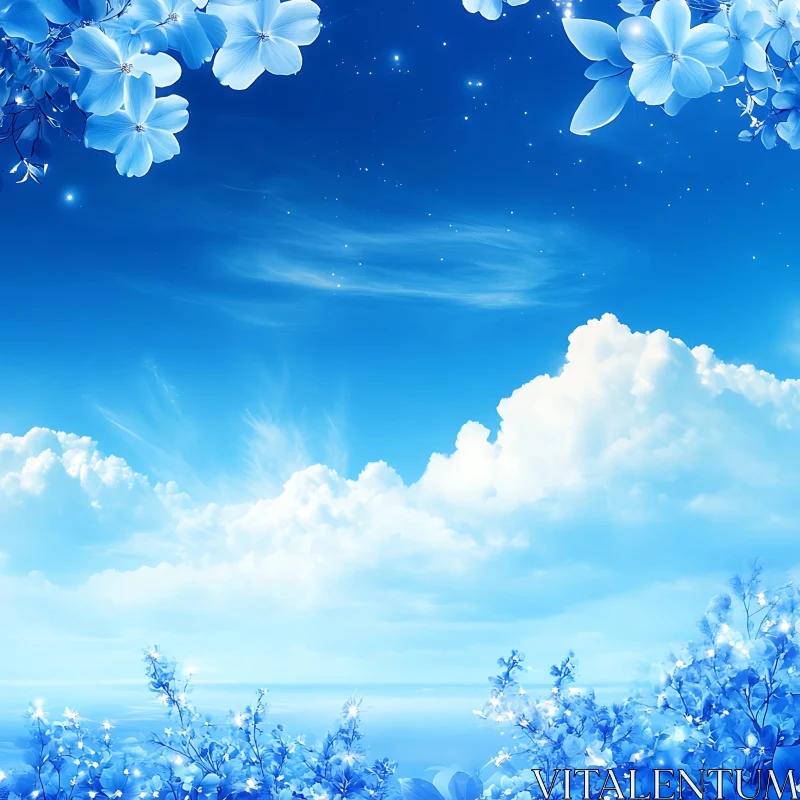 AI ART Blue Sky and White Clouds with Blossoming Flowers