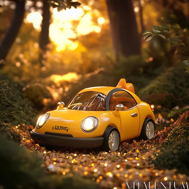 Yellow Toy Car Amidst Autumn Leaves in a Forest AI Image