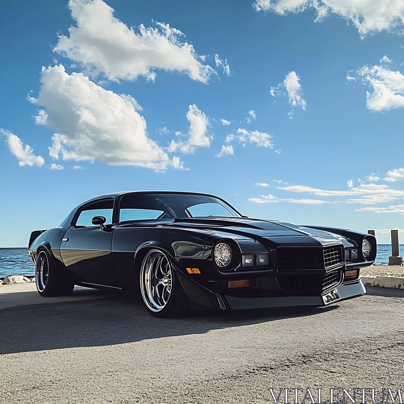 Vintage Black Car with Ocean View AI Image