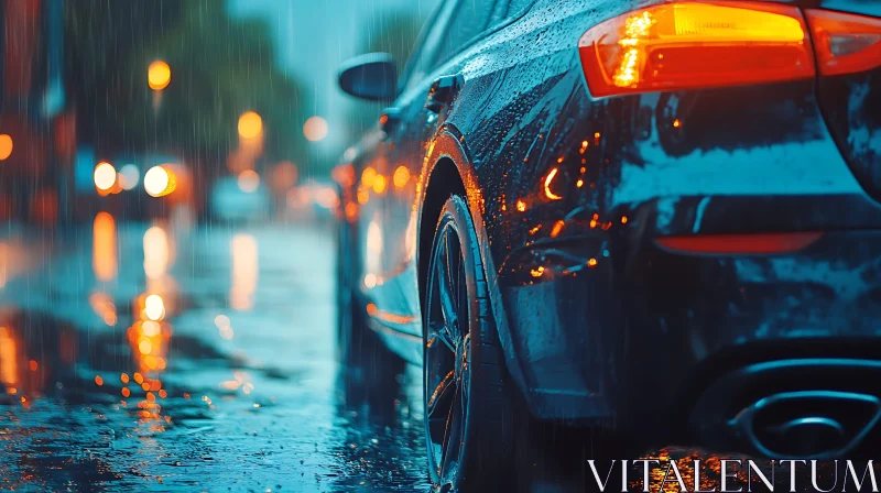 Black Car in Rainy Urban Night AI Image