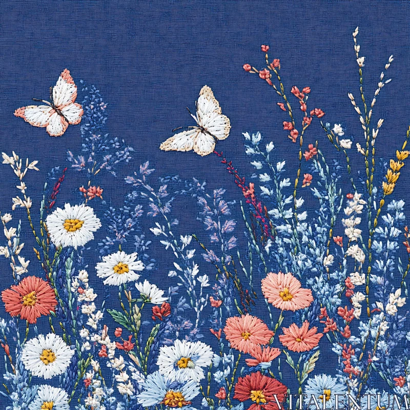 Textile Art of Floral Garden with Butterflies AI Image