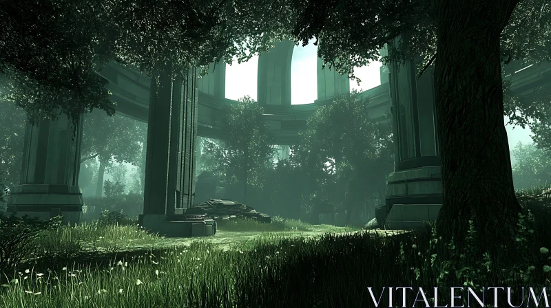 Ancient Columns in a Lush Forest AI Image