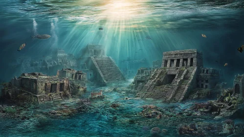 Submerged Ancient City with Ruins and Sea Creatures