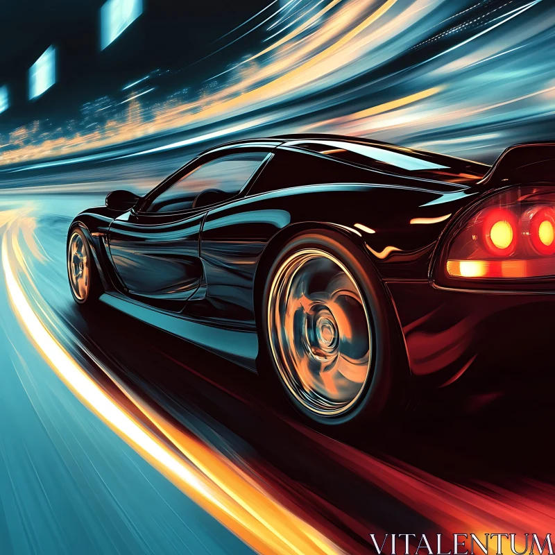 Sporty Black Car in Motion at Night AI Image