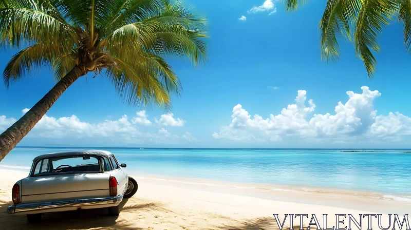 Tranquil Beach Scene with Vintage Car and Palm Tree AI Image