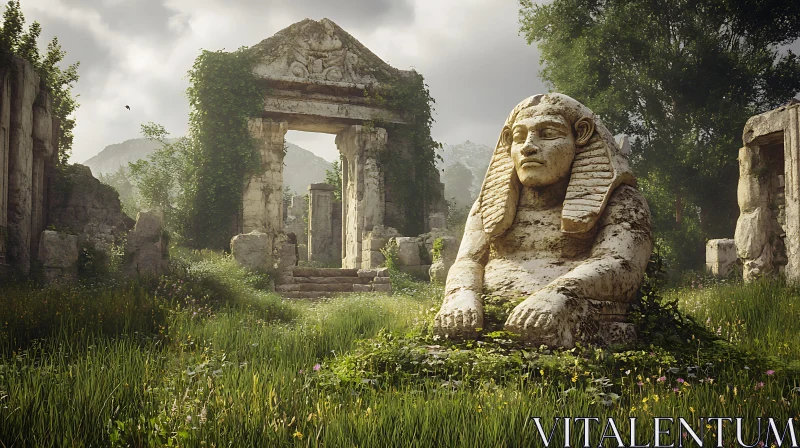 Overgrown Ancient Ruins with Stone Sphinx AI Image