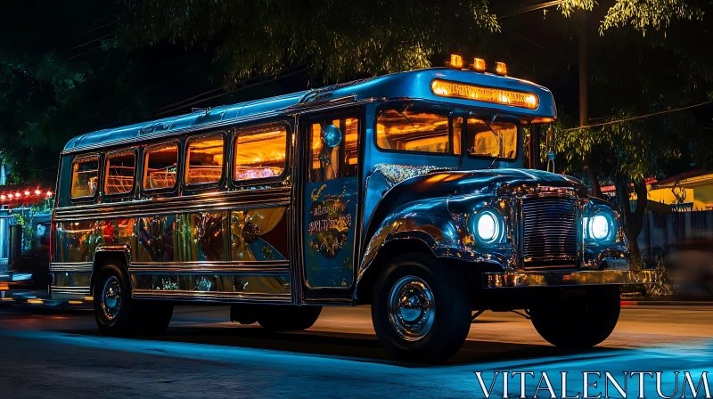 Nighttime Street Bus with Blue Headlights AI Image