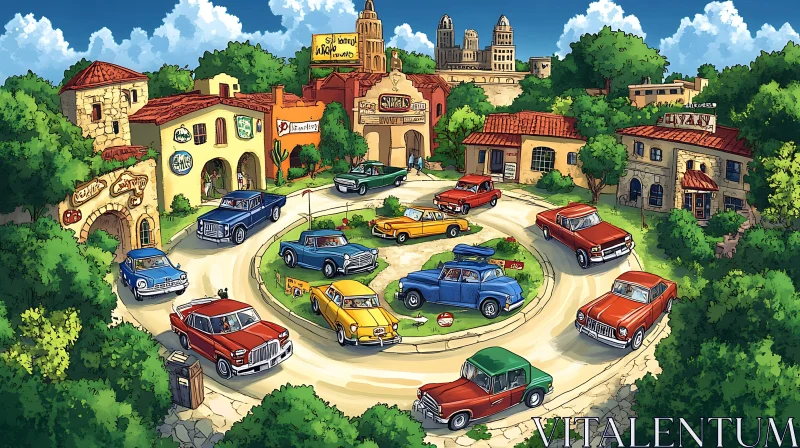 Cartoon Town Square Filled with Classic Cars AI Image