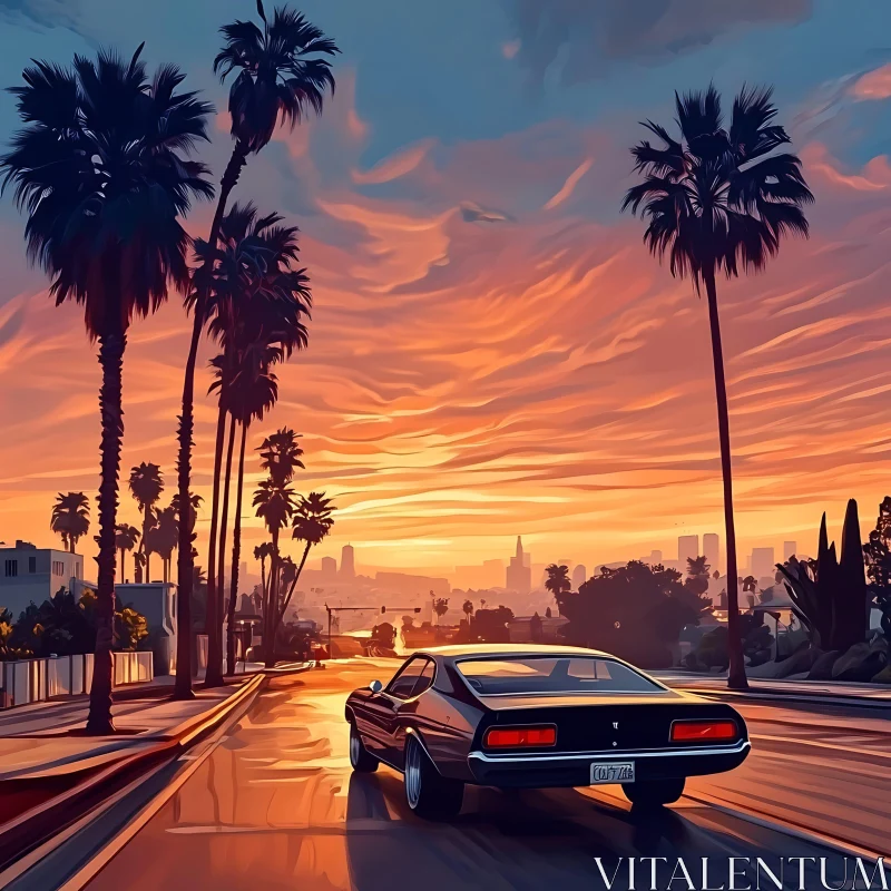 Vintage Car in Sunset Cityscape AI Image