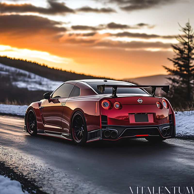 Sleek Red Sports Car at Sunset in Snowy Mountains AI Image