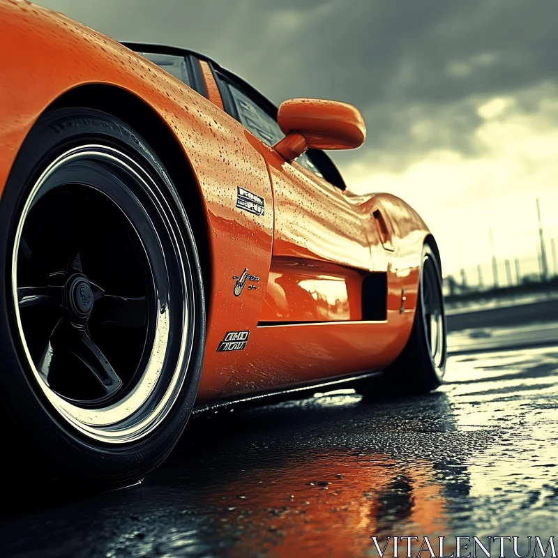 Sleek Orange Car in Rain AI Image