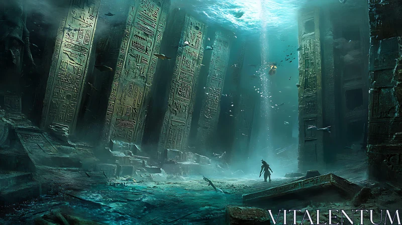 Diver in Mysterious Underwater Temple AI Image