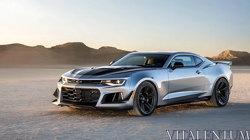 Silver Muscle Car in Desert Landscape AI Image