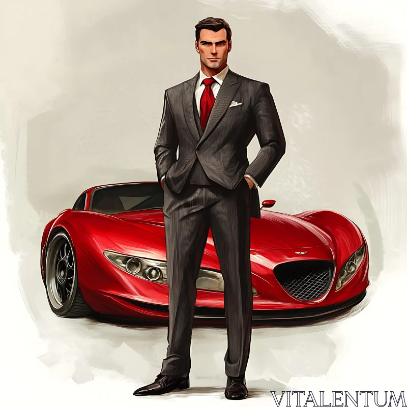 Sophisticated Man with Sleek Red Automobile AI Image