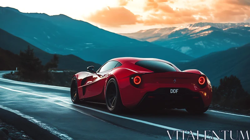 Crimson Supercar in Scenic Mountain Setting AI Image