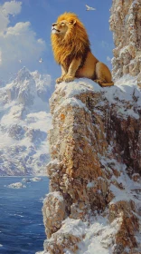 Lion on Cliff Amid Snowy Peaks