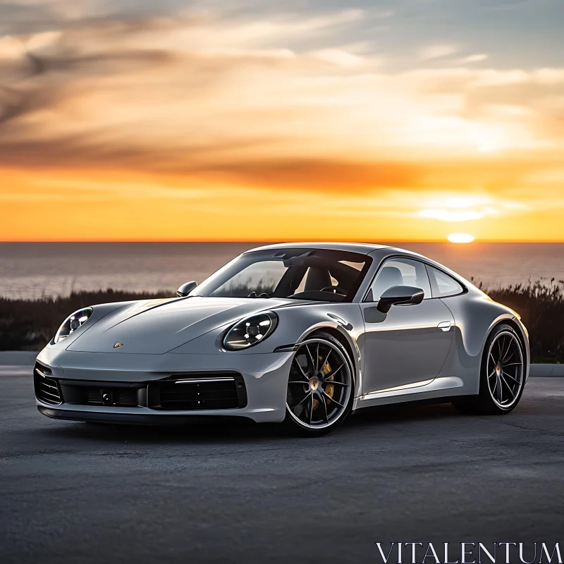 Luxury Silver Sports Car Near Coastline Sunset AI Image