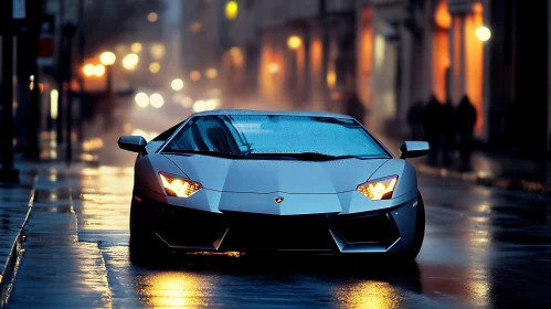 Sports Car in Rainy Urban Setting at Night