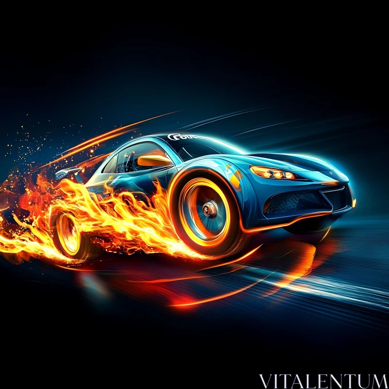 High-Speed Blue Car with Fiery Wheels AI Image