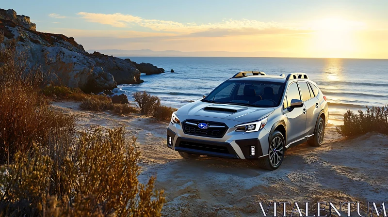 SUV Parked by the Ocean at Sunset AI Image