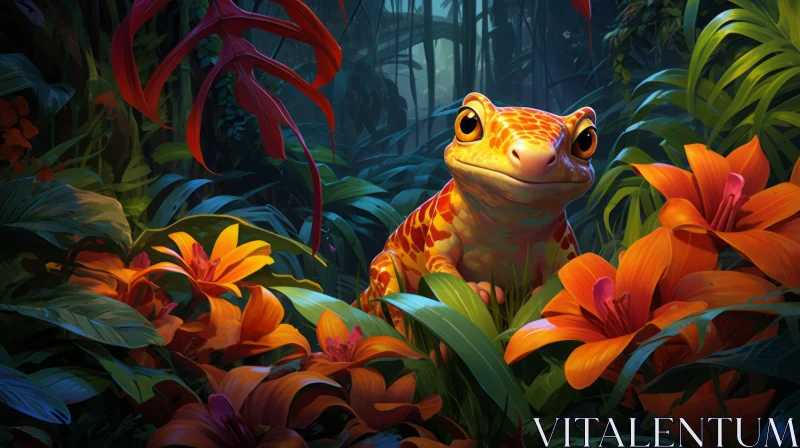 Green Lizard Amidst Orange Blossoms in Jungle AI Image