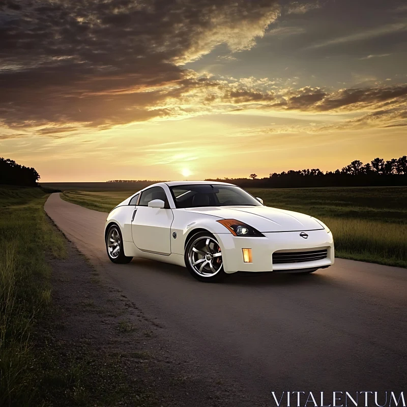 White Car at Sunset on a Rural Road AI Image