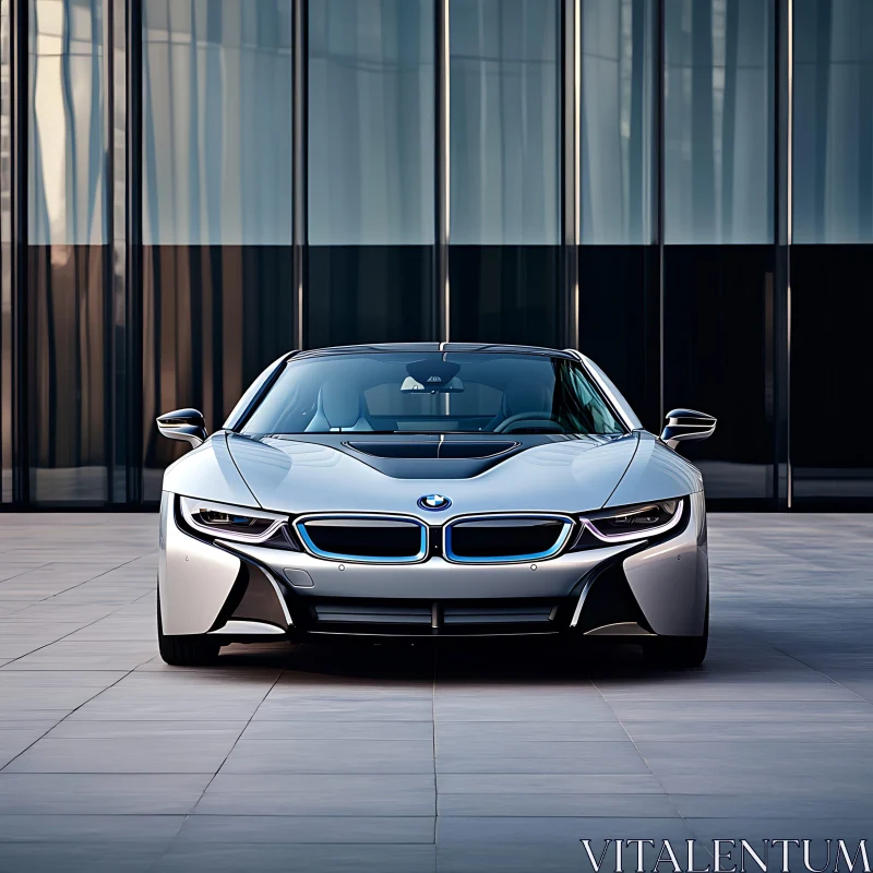 Luxury Silver Car in Front of Glass Building AI Image