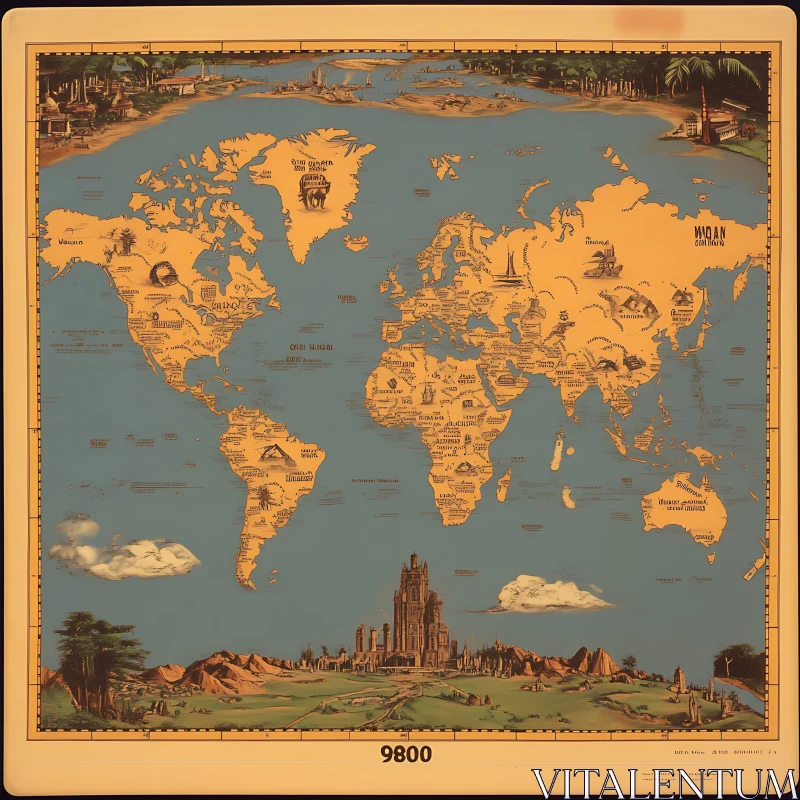 Artistic World Map with Landmarks and Illustrations AI Image