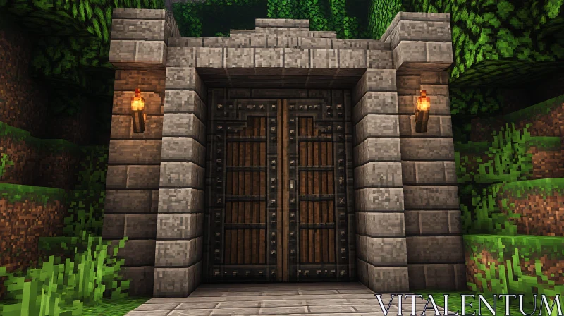 Medieval Stone Doorway with Torches in Greenery AI Image