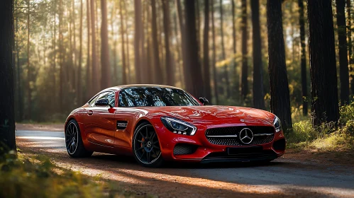 Red Sports Car on a Forest Road