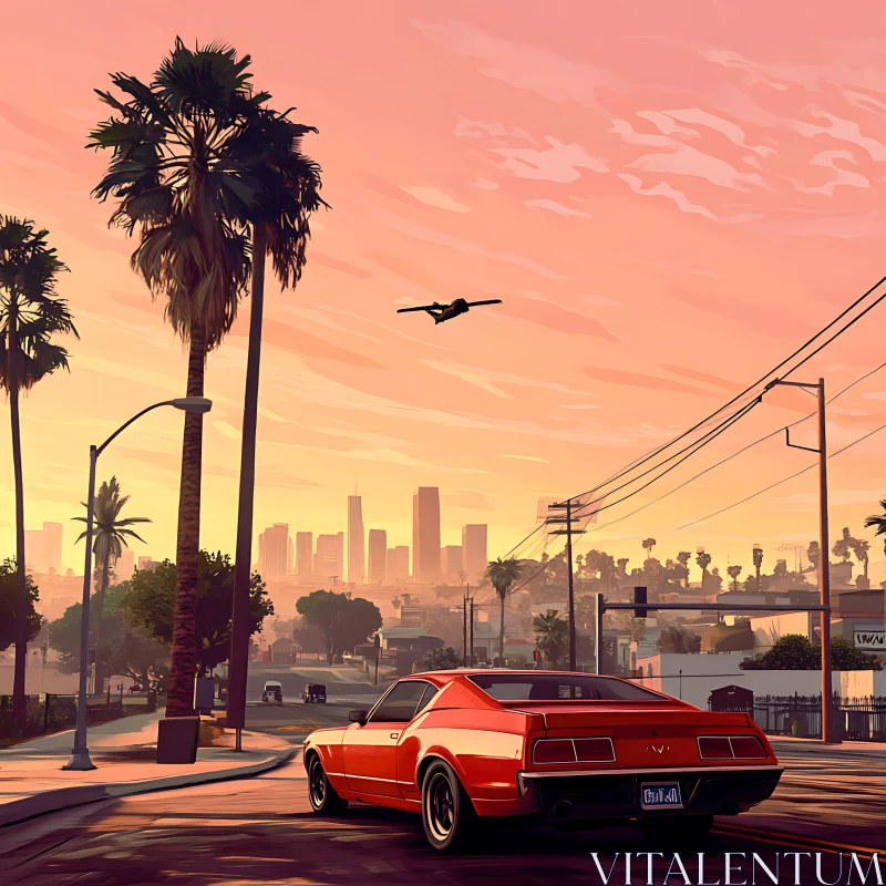 Urban Sunset with Red Car and Airplane AI Image