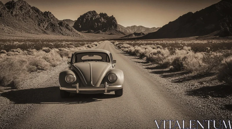 Classic Car in Sepia Desert Landscape AI Image